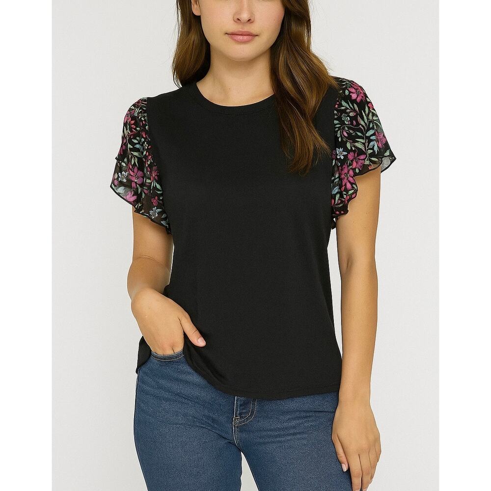 Generation Love Flutter Sleeve Tee Shirt Black Floral size Small